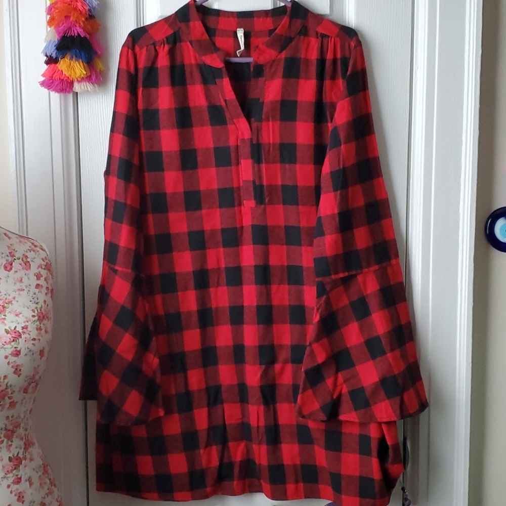 PLAID FLANNEL TUNIC  WITH BELL SLEEVES PLUS SIZE